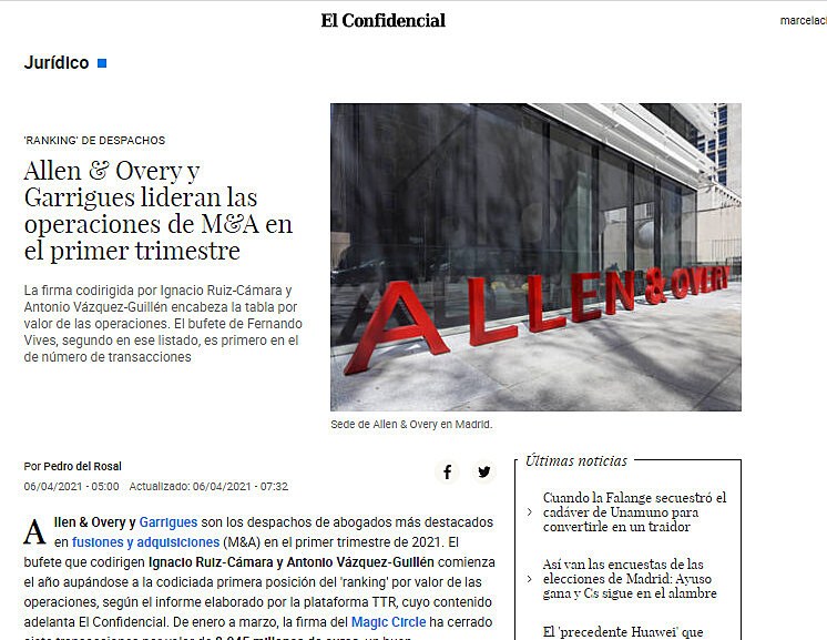 Allen & Overy y Garrigues lideran las operaciones de M&A en el primer trimestre